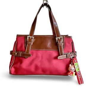 Red with Brown trim Boho Satchel Handbag Snap Closure Labubu Keychain Charm